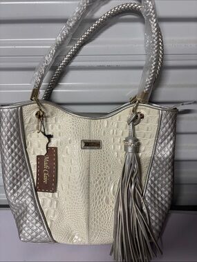 Madi Claire Cream and Silver Geniune Leather Croc-Texture Tote with Tassel